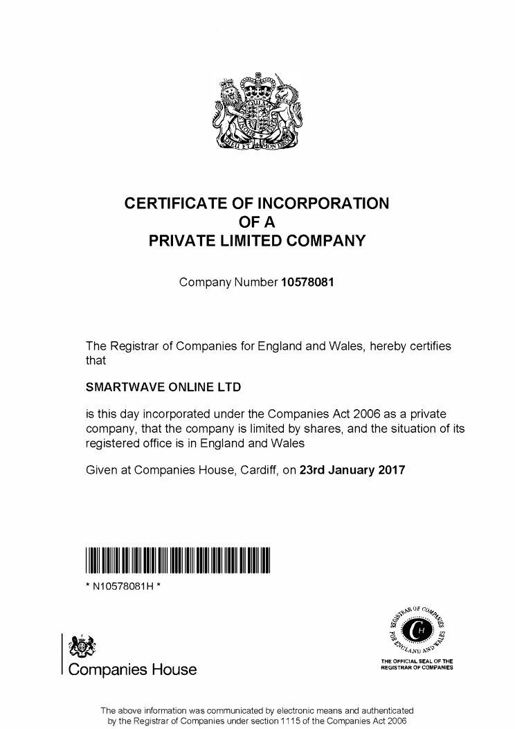 Certificate of incorporation for SMARTWAVE ONLINE LTD